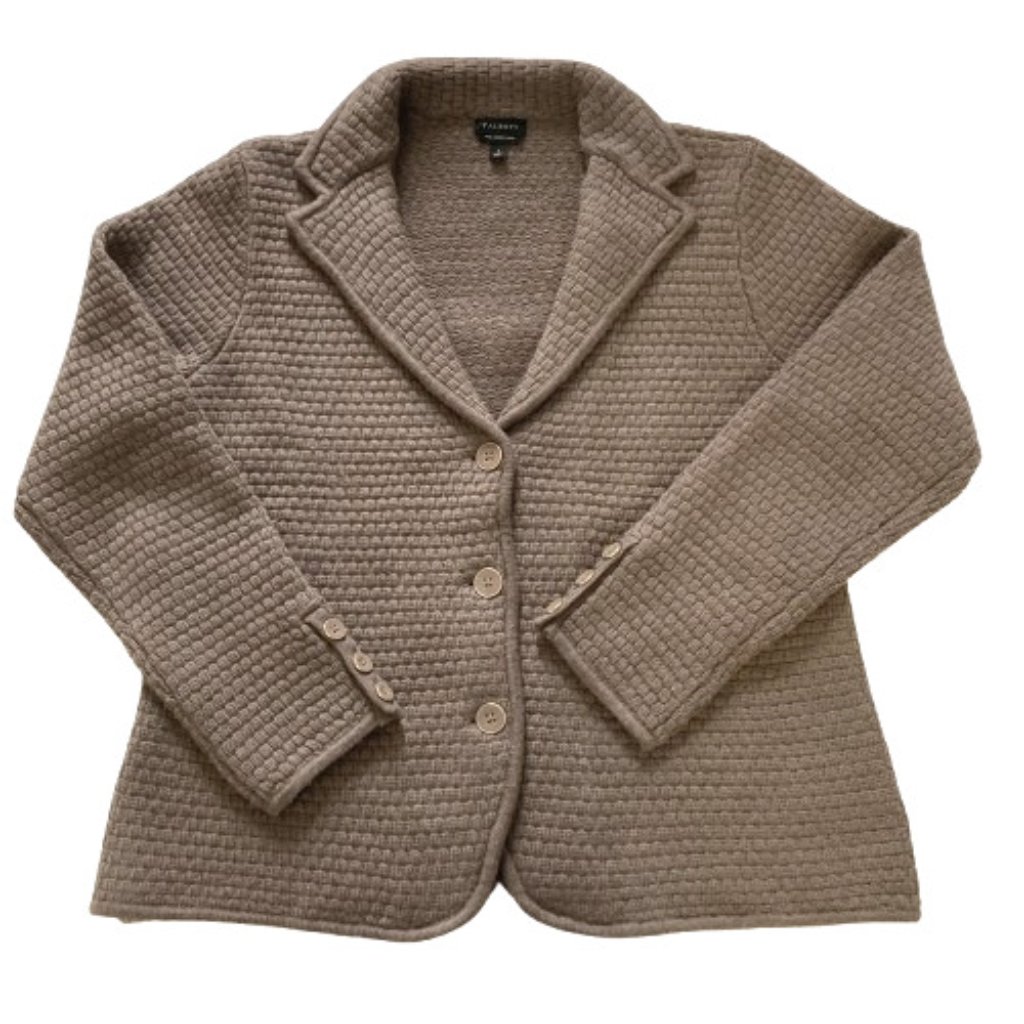 Talbots Pure Merino Cardigan Med Brown /Taupe Textured V-Neck Collar, Euc, Large